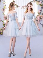 Exceptional Grey A-line Lace Dama Dress for Quinceanera Lace Up Tulle Short Sleeves Mini Length