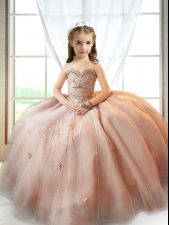  Floor Length Pink Little Girls Pageant Gowns Sweetheart Sleeveless Lace Up