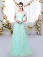 Inexpensive Cap Sleeves Tulle Floor Length Lace Up Court Dresses for Sweet 16 in Apple Green with Appliques