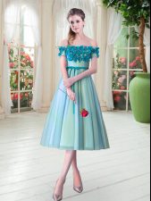 Inexpensive Tea Length Aqua Blue Prom Gown Off The Shoulder Sleeveless Lace Up