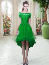 Glittering Green A-line Off The Shoulder Short Sleeves Tulle High Low Lace Up Appliques Prom Party Dress