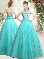 Excellent Aqua Blue Prom Gown Prom and Party with Beading Halter Top Sleeveless Zipper