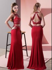  Red Two Pieces Beading Prom Evening Gown Backless Elastic Woven Satin Sleeveless Floor Length