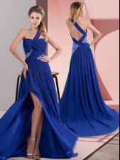  Royal Blue One Shoulder Backless Beading and Ruching Prom Party Dress Sweep Train Sleeveless