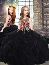 Simple Black Ball Gowns Embroidery and Ruffles Little Girls Pageant Gowns Zipper Tulle Sleeveless