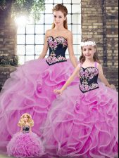  Lilac Tulle Lace Up Sweet 16 Dresses Sleeveless Sweep Train Embroidery and Ruffles