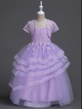 Stylish Tulle Spaghetti Straps Sleeveless Zipper Appliques and Ruffled Layers Toddler Flower Girl Dress in Lavender