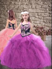 Latest Floor Length Purple Child Pageant Dress Tulle Sleeveless Embroidery and Ruffles