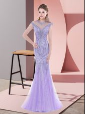 Classical Lavender Mermaid Tulle Scoop Cap Sleeves Beading Lace Up Evening Dress Sweep Train