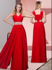 Popular Red Sleeveless Beading Floor Length Prom Dresses