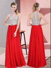  Red Scoop Neckline Beading and Lace Prom Gown Sleeveless Zipper