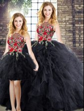 Noble Black Ball Gowns Scoop Sleeveless Floor Length Zipper Embroidery and Ruffles Quinceanera Dresses
