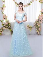  Floor Length Lace Up Quinceanera Court Dresses Blue for Prom and Party and Wedding Party with Appliques