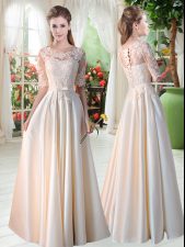 Romantic Satin Scalloped Half Sleeves Lace Up Lace Prom Dress in Champagne