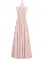 Admirable Baby Pink Chiffon Zipper Prom Dresses Sleeveless Floor Length Ruching