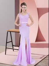 Nice Lilac Sleeveless Chiffon Sweep Train Zipper Prom Evening Gown for Prom and Party