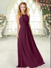 Unique Floor Length Burgundy Prom Dress Chiffon Sleeveless Ruching