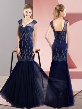 Fitting Navy Blue Lace Up Prom Dress Beading Sleeveless Floor Length