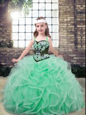 Hot Sale Apple Green Tulle Lace Up Kids Formal Wear Sleeveless Floor Length Embroidery and Ruffles
