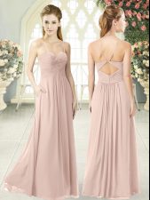 Best Pink Empire Spaghetti Straps Sleeveless Chiffon Floor Length Criss Cross Ruching Prom Gown