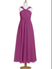 Nice Fuchsia Zipper Prom Party Dress Ruching Sleeveless Tea Length
