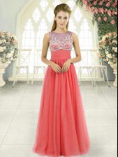 Colorful Floor Length Watermelon Red Dress for Prom Tulle Sleeveless Beading