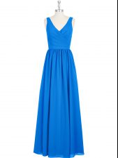  Floor Length Royal Blue Dress for Prom V-neck Sleeveless Zipper