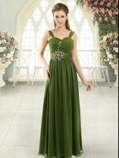  Floor Length Lace Up Prom Evening Gown Olive Green for Prom and Party with Beading and Ruching