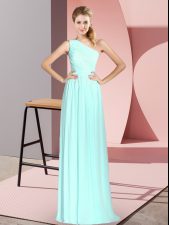 Ideal Sleeveless Chiffon Floor Length Lace Up Prom Gown in Apple Green with Ruching