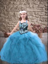 Excellent Straps Sleeveless Tulle Child Pageant Dress Embroidery and Ruffles Lace Up