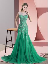  Scoop Sleeveless Prom Dresses Sweep Train Beading and Appliques Green Tulle