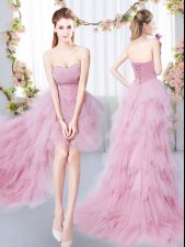 Extravagant Pink A-line Sweetheart Sleeveless Tulle High Low Lace Up Beading and Ruffles Dama Dress for Quinceanera