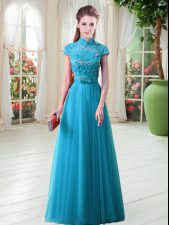  Cap Sleeves Appliques Lace Up Evening Dress