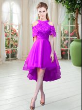  Purple Homecoming Dress Prom and Party with Lace High-neck Short Sleeves Zipper