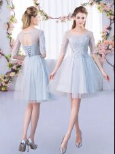 Adorable Half Sleeves Mini Length Lace Lace Up Dama Dress for Quinceanera with Grey
