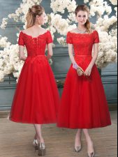  Tea Length Lace Up Red for Prom and Party with Lace