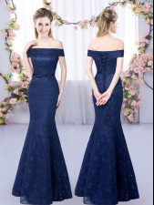  Sleeveless Floor Length Lace Lace Up Dama Dress for Quinceanera with Navy Blue