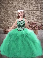 Turquoise Ball Gowns Straps Sleeveless Tulle Floor Length Lace Up Embroidery and Ruffles Pageant Gowns For Girls