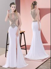  White Sleeveless Chiffon Sweep Train Lace Up Prom Party Dress for Prom and Party and Military Ball