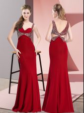 Delicate Red Chiffon Backless Straps Sleeveless Floor Length Prom Gown Beading