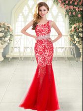  Red One Shoulder Neckline Beading and Lace Dress for Prom Sleeveless Zipper