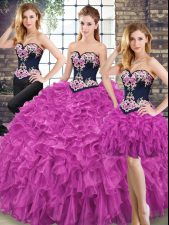  Sleeveless Organza Floor Length Lace Up 15th Birthday Dress in Fuchsia with Embroidery and Ruffles