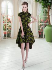 Vintage Multi-color Lace Zipper High-neck Short Sleeves High Low Prom Dress Appliques