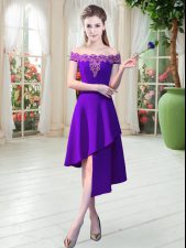  Off The Shoulder Sleeveless Prom Dress Asymmetrical Appliques Purple Satin