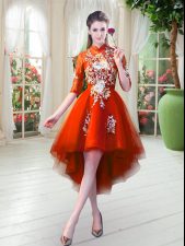Eye-catching Orange Red Dress for Prom Prom and Party with Appliques High-neck Half Sleeves Zipper