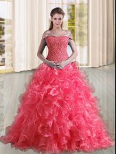Custom Design Off The Shoulder Sleeveless Organza Sweet 16 Dress Beading and Lace and Ruffles Sweep Train Lace Up