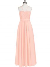 Fantastic Pink Zipper Halter Top Ruching Prom Gown Chiffon Sleeveless