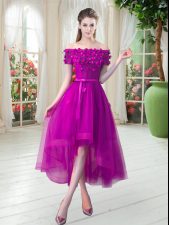  Fuchsia Off The Shoulder Lace Up Appliques Prom Evening Gown Short Sleeves