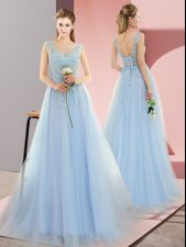 Classical V-neck Sleeveless Prom Dresses Sweep Train Beading Blue Tulle
