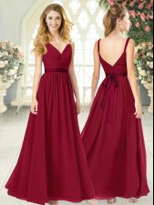 Lovely Wine Red Empire Chiffon V-neck Sleeveless Ruching Floor Length Backless Prom Gown